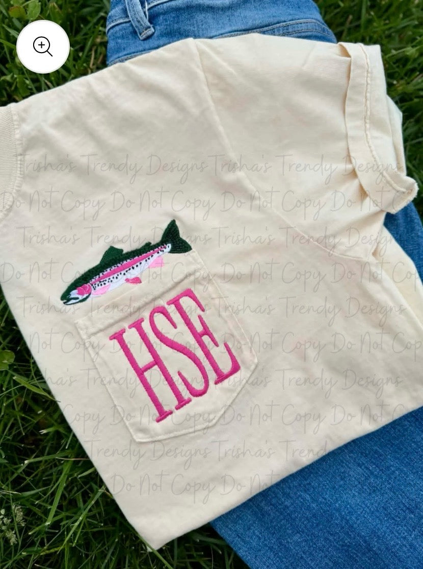 Embroidered trout monogram