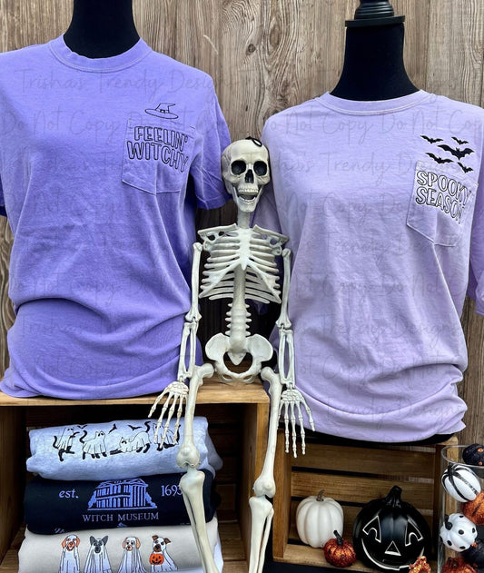 Feelin' Witchy/spooky season/hey boo Comfort Color Pocket Tee
