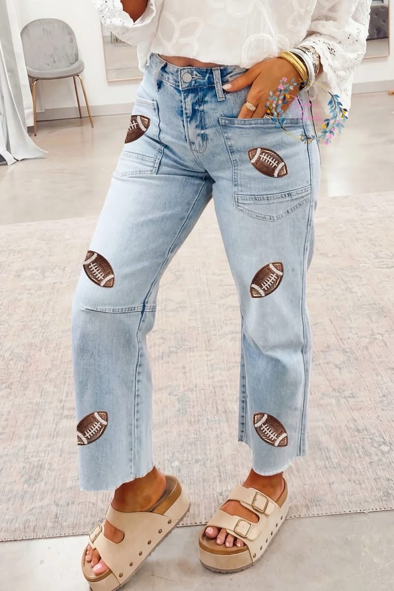 PREORDER: Football Sequin Patch Jeans