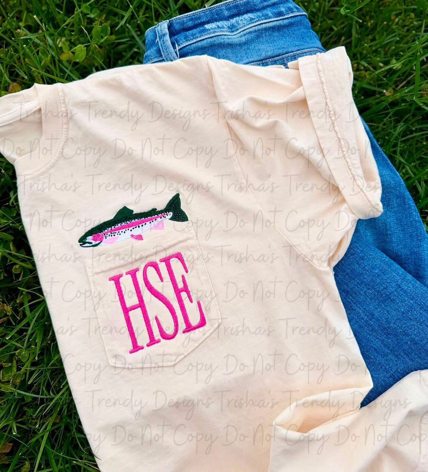 Embroidered trout monogram