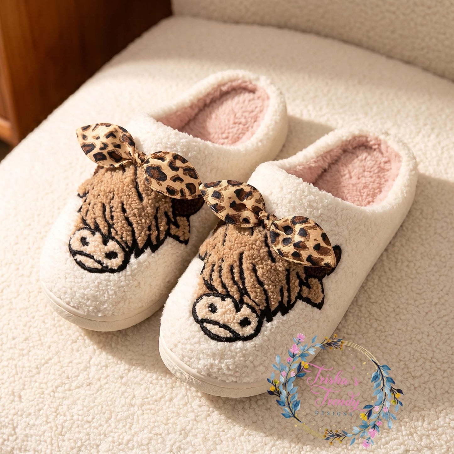PREORDER: Highland cow with leopard bow slippers