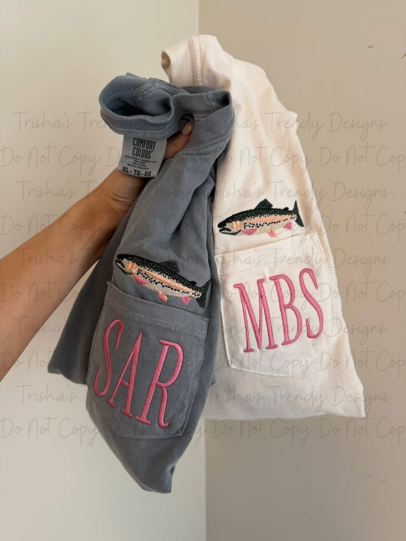 Embroidered trout monogram