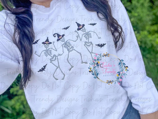 Dancing Pumpkin Skeletons Embroidered Corded Crewnecks