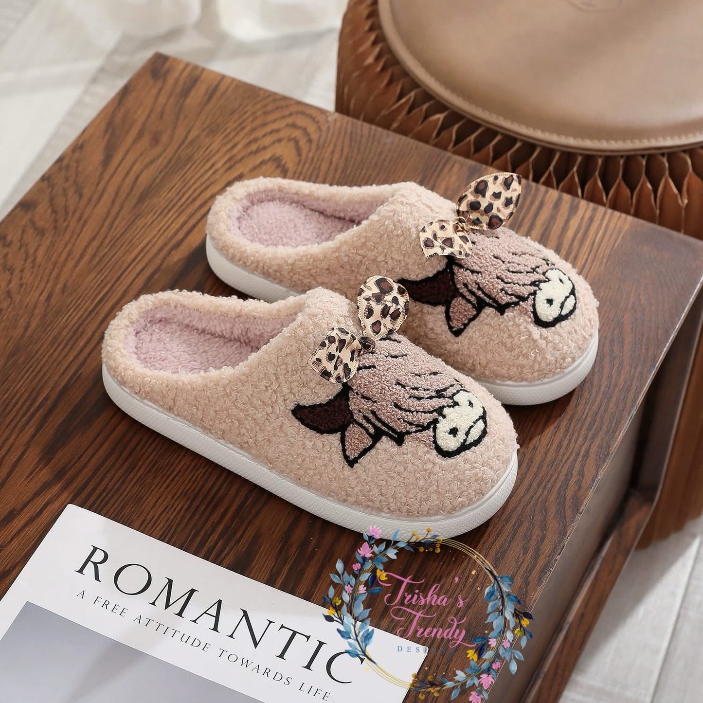 PREORDER: Highland cow with leopard bow slippers